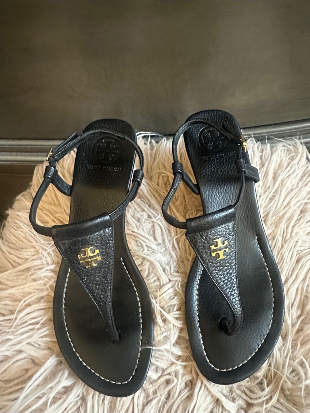 Tory Burch Black Leather T-Strap Sandals with Gold Logo